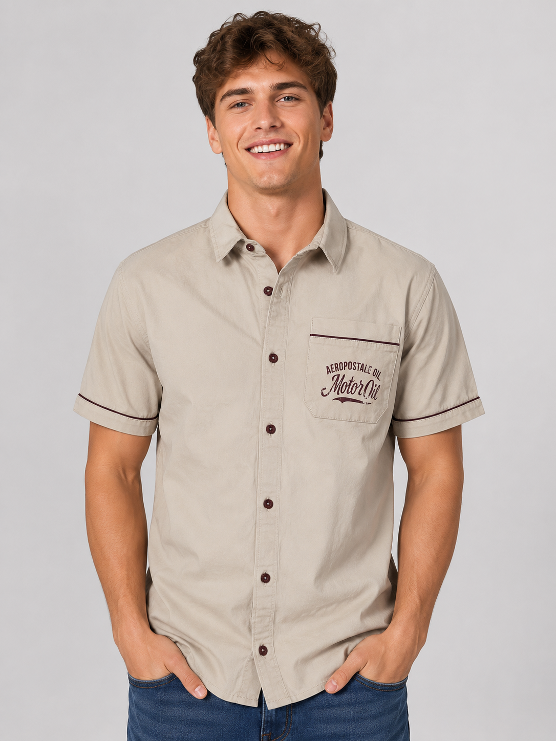 Camisa Para Hombre Aero Guys SS Woven SHirts Egret Relaxed 2220