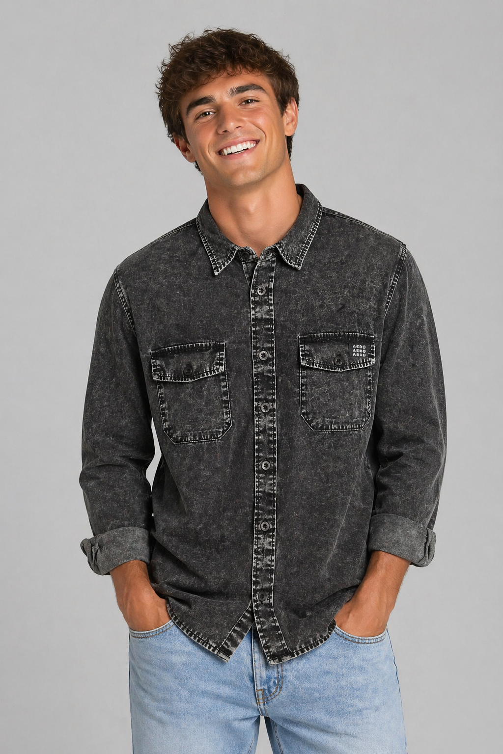 Camisa Para Hombre Aero Guys LS Woven Shirts Dark Black 2195