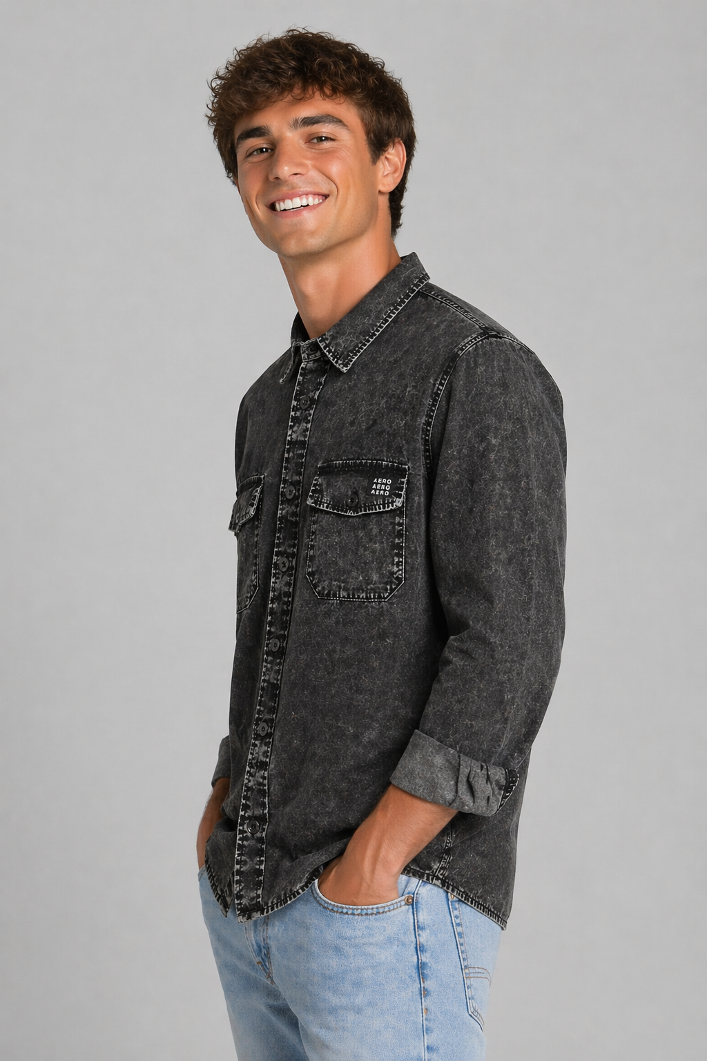 Camisa Para Hombre Aero Guys LS Woven Shirts Dark Black 2195